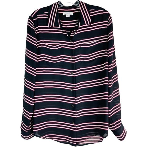 Nautica black white pink striped button front preppy semi sheer top medium - Picture 1 of 8